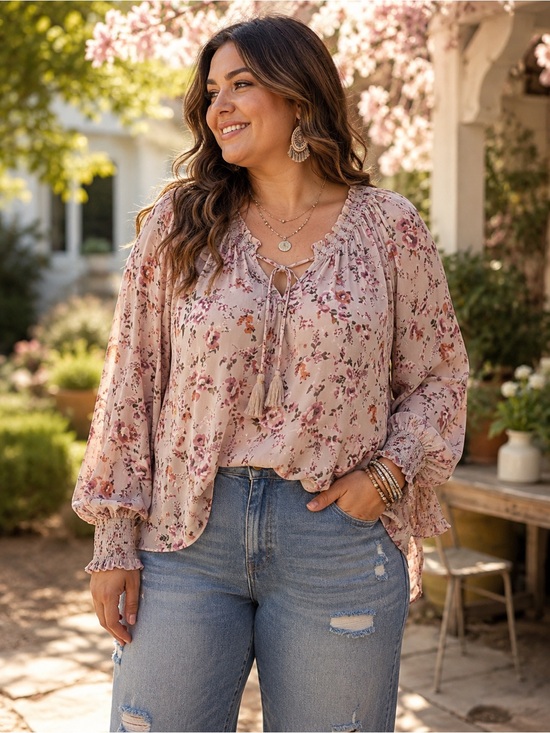Cato Tops - CATO Chiffon Peasant Floral Blouse EUC